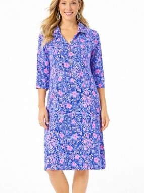 Lilly Pulitzer Blue Pink Floral Collared Dress XL Resort Chic